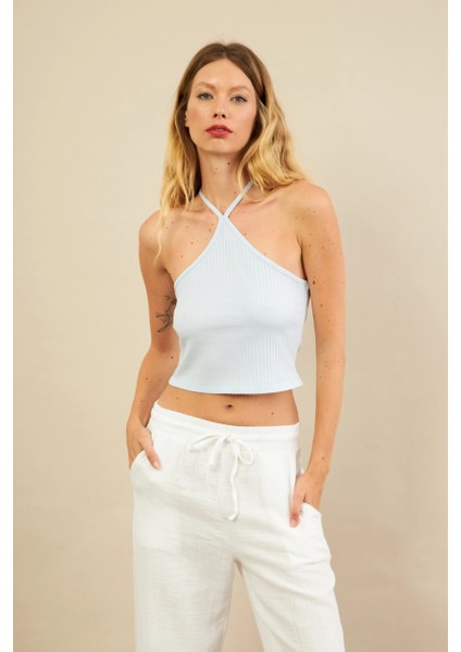 Kadın Mavi Boncuk Detaylı Sırtı Açık Bluz LPP1245-90 fırsatları