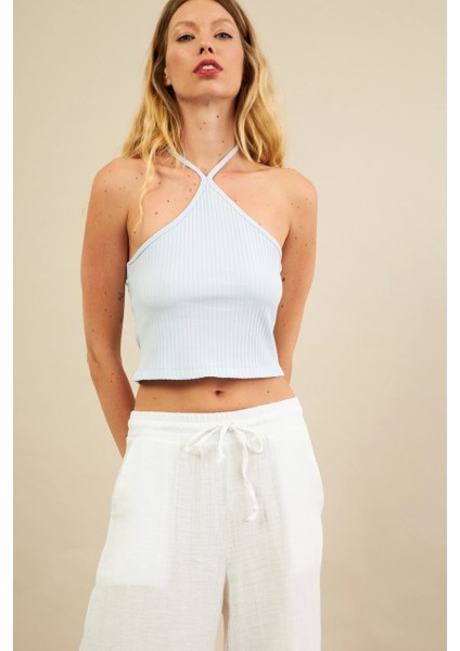 Kadın Mavi Boncuk Detaylı Sırtı Açık Bluz LPP1245-90 indirimleri