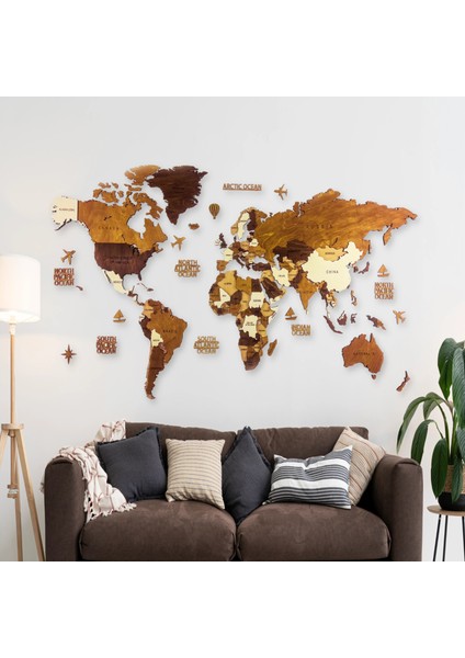 Ahşap Dünya Haritası Duvar Tablosu Ofis Dekor (Plus, Xlarge - 250X135 Cm, Ahşap) MF512