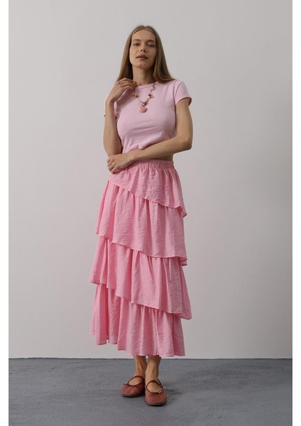 Ipeksi Katlı Kesim Uzun Etek - Pembe modelleri