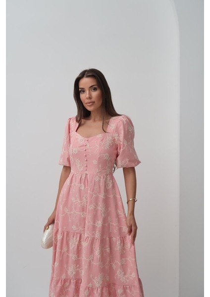 Ipeksi Pembe Süs Düğmeli Balon Kollu Elbise fırsatları