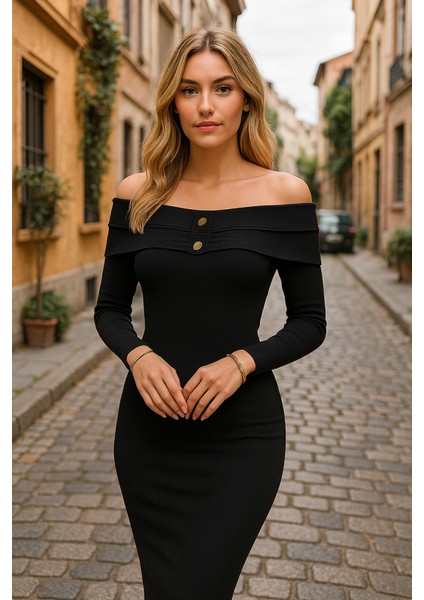 Ipeksi Kadın Madonna Yaka Düğme Detay Fırsat Ürün Midi Boy Elbise