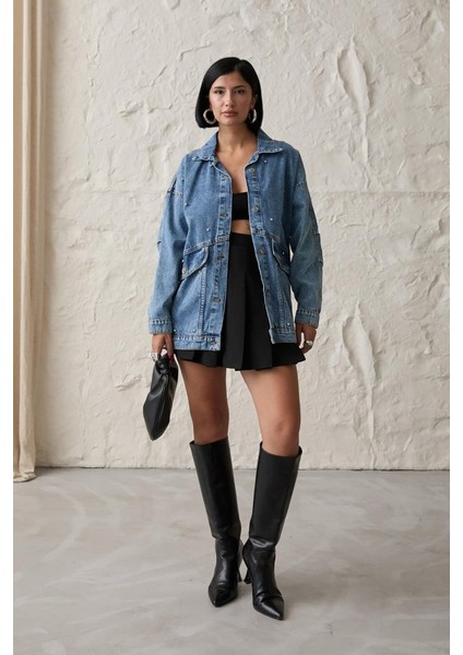 Ipeksi Mavi Taşlı Kot Ceket