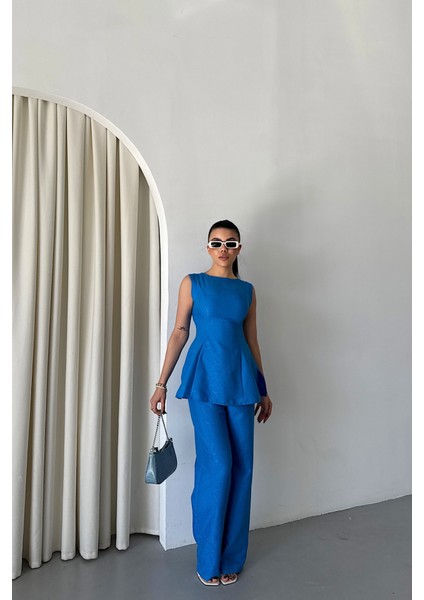 Ipeksi Jakar Keten Kolsuz Bluz-Pantolon Tk - Mavi modelleri