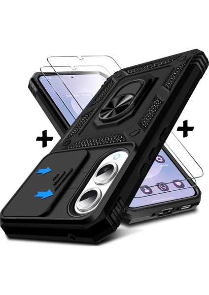 Samsung Galaxy S25 Edge Kılıf Kamera Korumalı Sürgülü Yüzüklü Armor Zırh Tank Kapak + 1 Adet 9h Ekran Koruyucu Cam Set