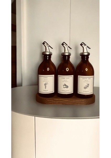 Home Meftune Oval Ahşap Stantlı Amber Zeytinyağı Limon Suyu Sirke Şişesi Yağdanlık 3lü Set 300ML