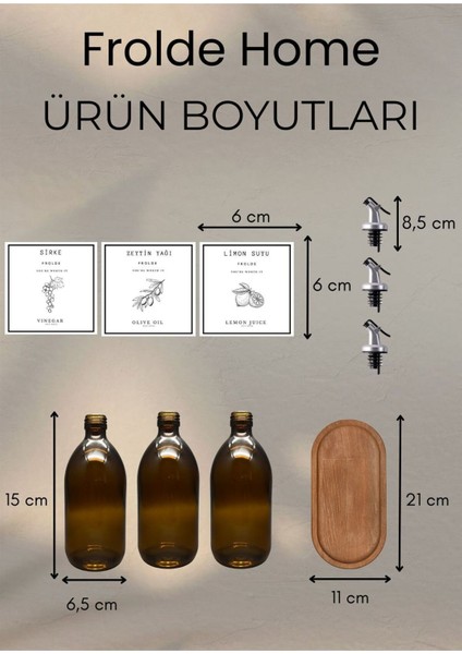 Home Meftune Oval Ahşap Stantlı Amber Zeytinyağı Limon Suyu Sirke Şişesi Yağdanlık 3lü Set 300ML