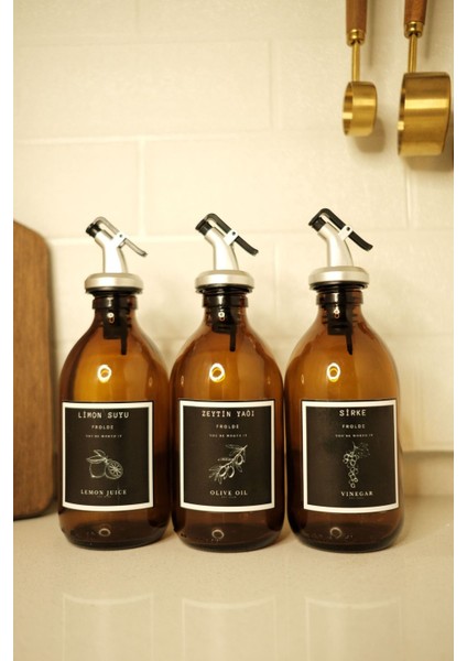 Home Amber Cam Zeytinyağı Limon Suyu Sirke Şişesi Yağdanlık 3lü Set 300ML