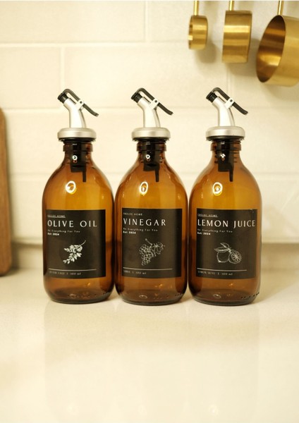Home Amber Cam Zeytinyağı Limon Suyu Sirke Şişesi Yağdanlık 3lü Set 300ML