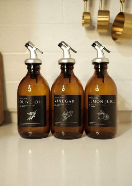 Home Amber Cam Zeytinyağı Limon Suyu Sirke Şişesi Yağdanlık 3lü Set 300ML modelleri