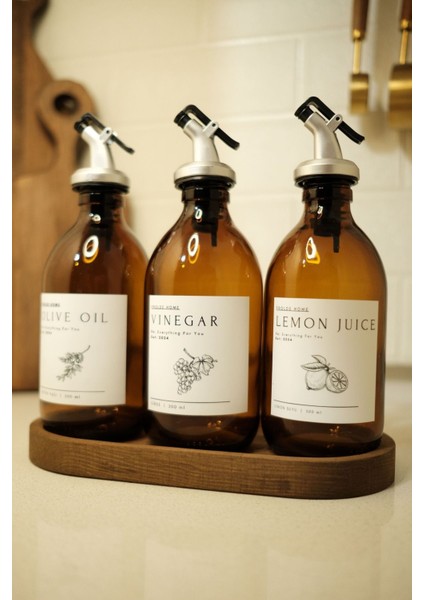 Home Meftune Oval Ahşap Stantlı Amber Zeytinyağı Limon Suyu Sirke Şişesi Yağdanlık 3lü Set 300ML modelleri