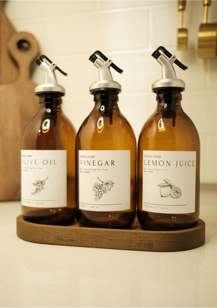 Home Meftune Oval Ahşap Stantlı Amber Zeytinyağı Limon Suyu Sirke Şişesi Yağdanlık 3lü Set 300ML fırsatları