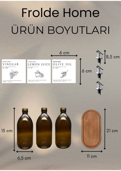 Home Meftune Oval Ahşap Stantlı Amber Zeytinyağı Limon Suyu Sirke Şişesi Yağdanlık 3lü Set 300ML
