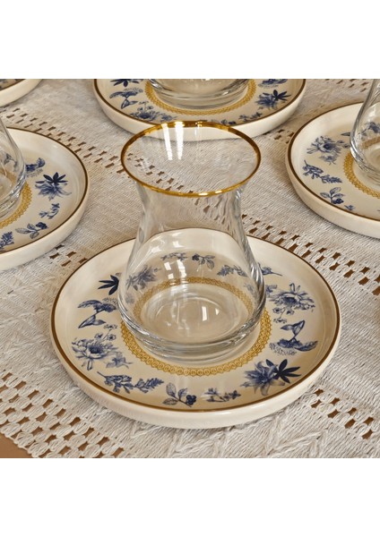 Glore Mavi Kuş Altın Yaldızlı 6 Çay Bardağı Takımı