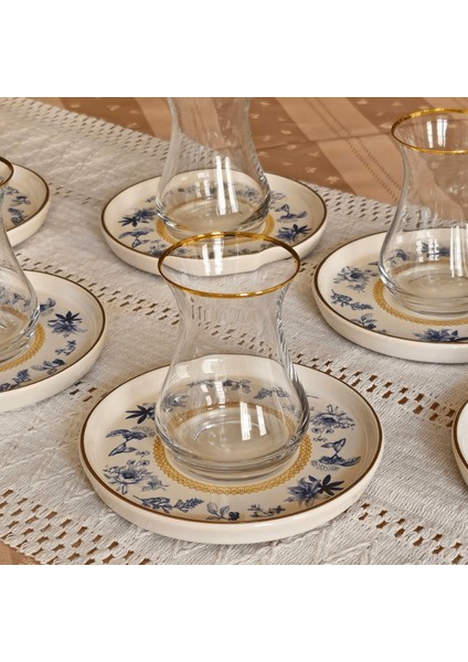 Glore Mavi Kuş Altın Yaldızlı 6 Çay Bardağı Takımı modelleri