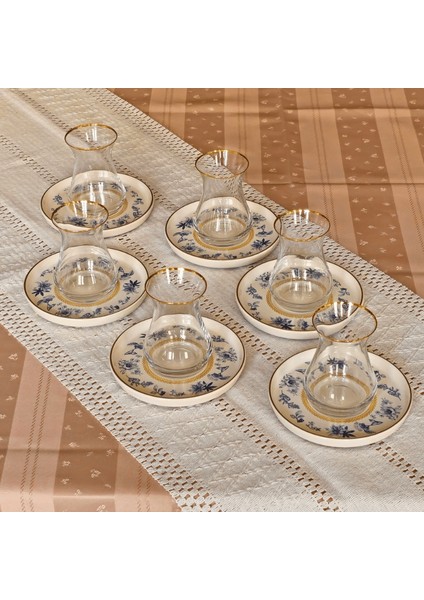 Glore Mavi Kuş Altın Yaldızlı 6 Çay Bardağı Takımı