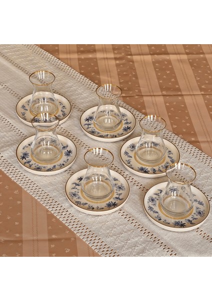 Glore Mavi Kuş Altın Yaldızlı 6 Çay Bardağı Takımı