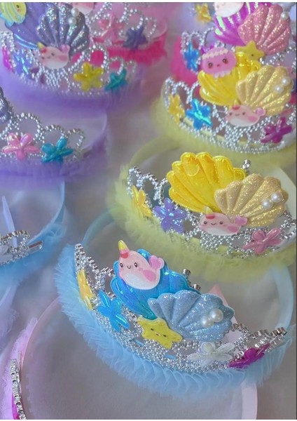 Kız Çocuk Karışık Renk Deniz Kabuğu Figürlü Balıklı Incili Tüllü Parlak Taraklı Taç modelleri