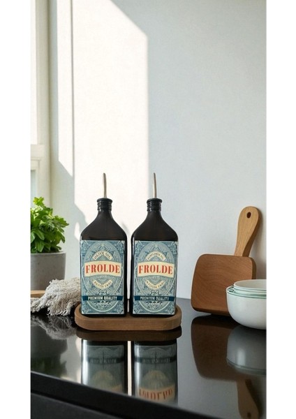 Home Ahşap Stantlı 2'li Amber 500 ml Yassı Cam Ayçiçek Yağı Zeytinyağı Şişesi Yağdanlık modelleri
