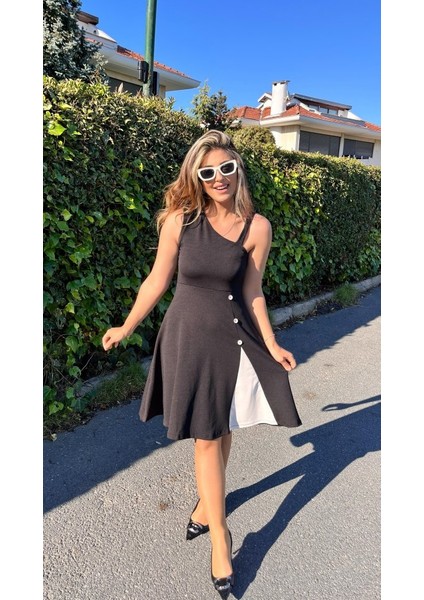 Ipeksi Kadın Tek Omuzu Şerit Detaylı Sıfır Kol Yandan Düğme Detaylı Janjan Krep Elbise fiyatları