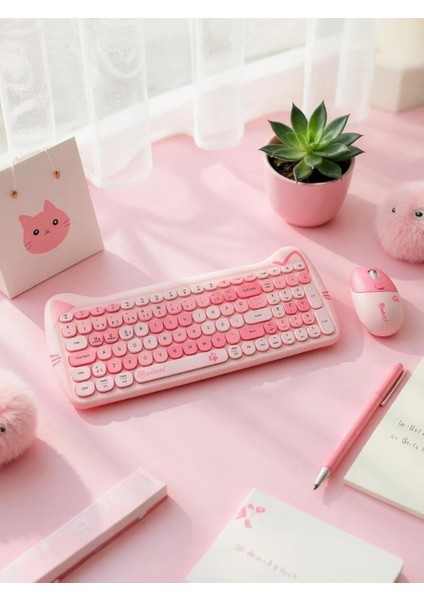 Sevimli Kedi Kablosuz Klavye ve Mouse Seti Bluetooth + 2.4g Dual Mode fırsatları