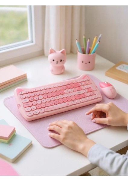Sevimli Kedi Kablosuz Klavye ve Mouse Seti Bluetooth + 2.4g Dual Mode indirimleri