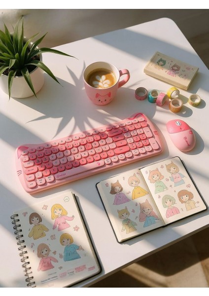 Sevimli Kedi Kablosuz Klavye ve Mouse Seti Bluetooth + 2.4g Dual Mode