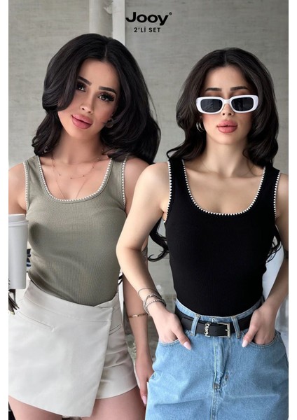 2'li Ekonomik Paket Nakış Detaylı %100 Pamuklu Kalın Askılı Bluz Atlet