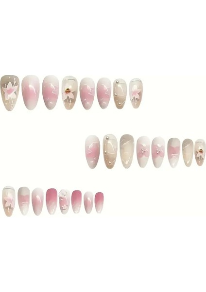 24'lü Pembe 3D Kabartmalı Çiçek Desenli Orta Badem Model Jel Protez Görünümlü Takma Tırnak Seti fiyatları