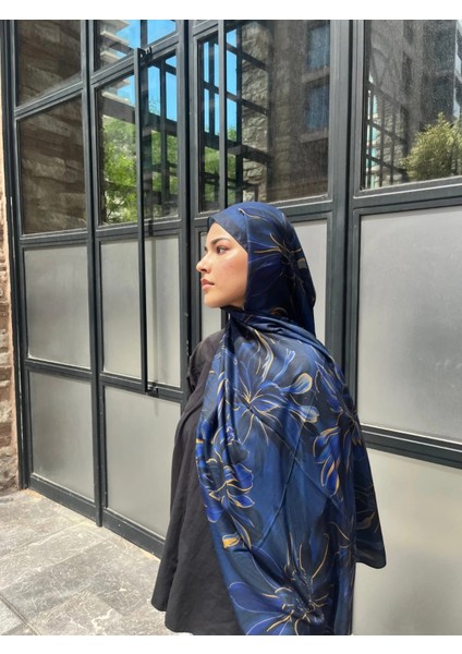 Çiçek Desen Vual Soft Pamuk Şal Lacivert Mavi Renk