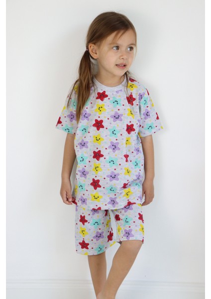 Kız Çocuk Gri Baskılı Şortlu Alt-Üst Basic Takım 3-10 Yaş fırsatları