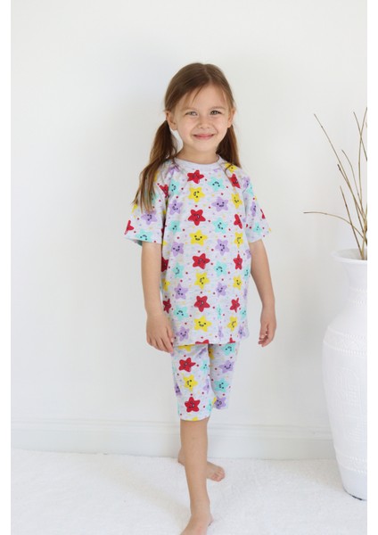 Kız Çocuk Gri Baskılı Şortlu Alt-Üst Basic Takım 3-10 Yaş