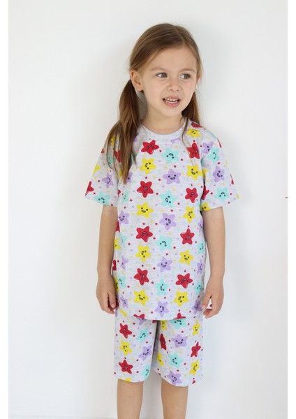 Kız Çocuk Gri Baskılı Şortlu Alt-Üst Basic Takım 3-10 Yaş