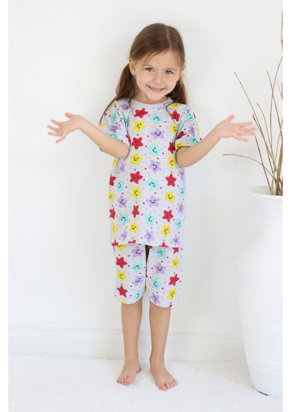 Kız Çocuk Gri Baskılı Şortlu Alt-Üst Basic Takım 3-10 Yaş