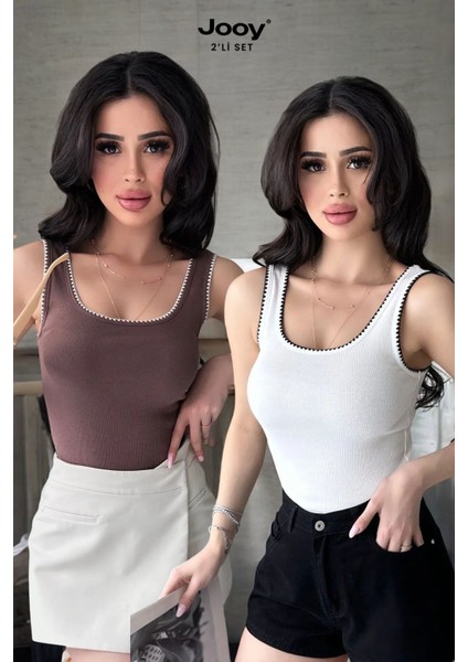 2'li Ekonomik Paket Nakış Detaylı %100 Pamuklu Kalın Askılı Bluz Atlet