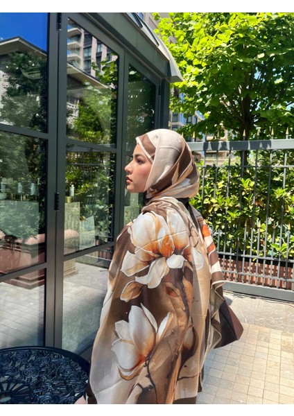 Tomurcuk Desen Vual Soft Şal Kahverengi Bej Renk