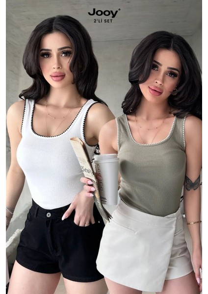 2'li Ekonomik Paket Nakış Detaylı %100 Pamuklu Kalın Askılı Bluz Atlet