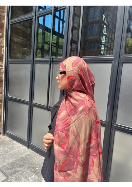 Çiçek Desen Vual Soft Pamuk Şal Bej Pudra Renk