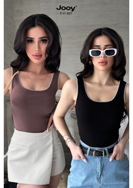 2'li Ekonomik Paket Nakış Detaylı %100 Pamuklu Kalın Askılı Bluz Atlet