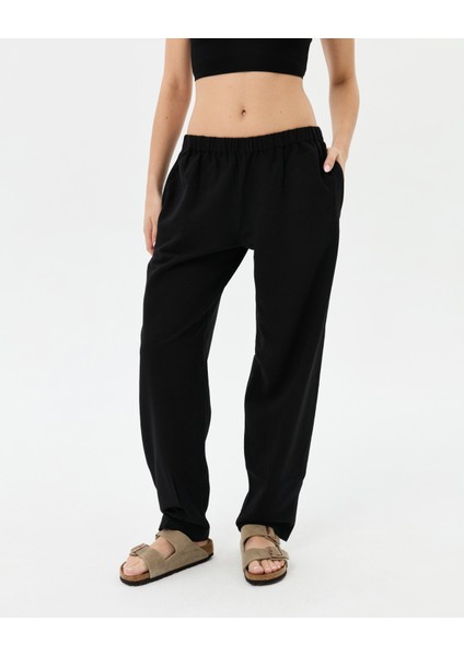 Kadın Siyah Easy West Pantolon - Bilek Boy, Paça Pens Detaylı, Keten Karışımı Kumaş, Günlük ve Hafif Spor Pilates / Yoga Kullanım İçin Rahat Pantolon