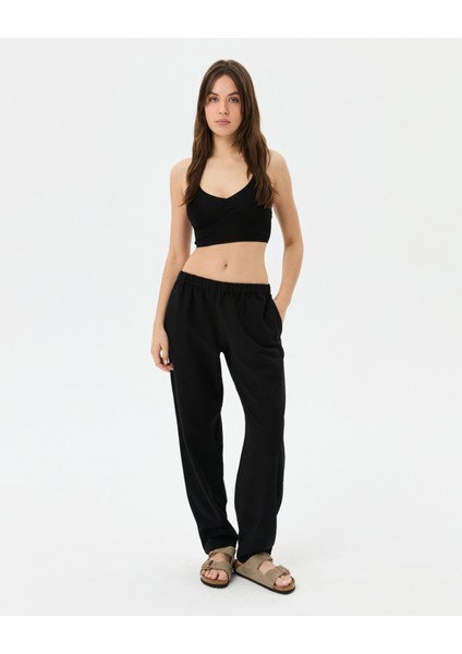Kadın Siyah Easy West Pantolon - Bilek Boy, Paça Pens Detaylı, Keten Karışımı Kumaş, Günlük ve Hafif Spor Pilates / Yoga Kullanım İçin Rahat Pantolon fırsatları