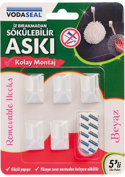 Iz Bırakmadan Sökülebilir Küçük Askı - 5 Parça - Beyaz