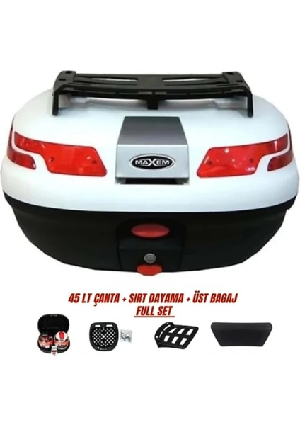 Motosiklet Arka Çanta 45 Litre Sırt Dayama ve Üst Tabla Full Set Beyaz