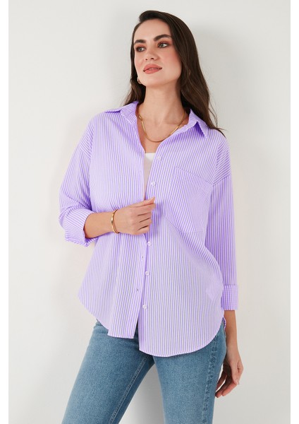 Regular Fit Uzun Kollu Cepli Çizgili Gömlek Bayan Gömlek 6772895 modelleri