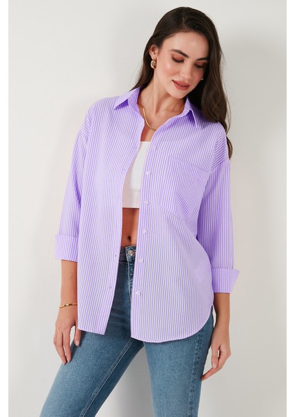 Regular Fit Uzun Kollu Cepli Çizgili Gömlek Bayan Gömlek 6772895 fırsatları