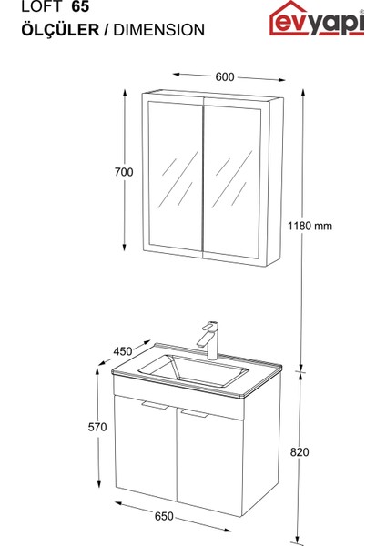 Fix Loft 65 Cm Banyo Dolabı,Seramik Lavabolu, Aynalı,Lavabo Dahil,Mdf,Mat Gri