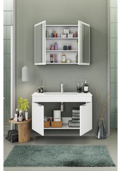 Fix Loft 100 Cm Banyo Dolabı,Seramik Lavabolu, Aynalı,Lavabo Dahil,Mdf,Mat Beyaz fiyatları