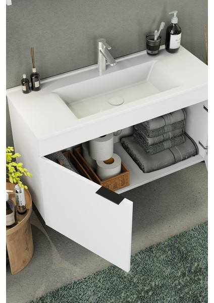 Fix Loft 100 Cm Banyo Dolabı,Seramik Lavabolu, Aynalı,Lavabo Dahil,Mdf,Mat Beyaz indirimleri