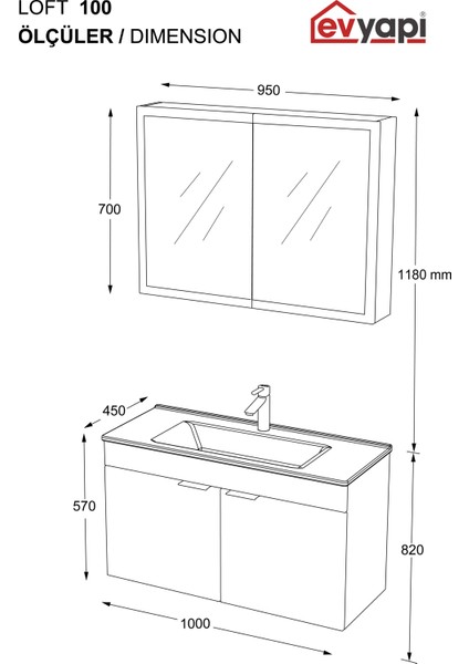 Fix Loft 100 Cm Banyo Dolabı,Seramik Lavabolu, Aynalı,Lavabo Dahil,Mdf,Aybe Kahve