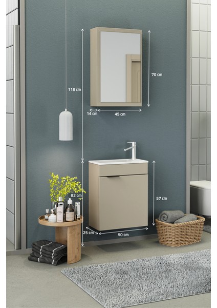 Fix Loft 50 Cm Banyo Dolabı,Seramik Lavabolu, Aynalı,Lavabo Dahil,Mdf,Latte modelleri